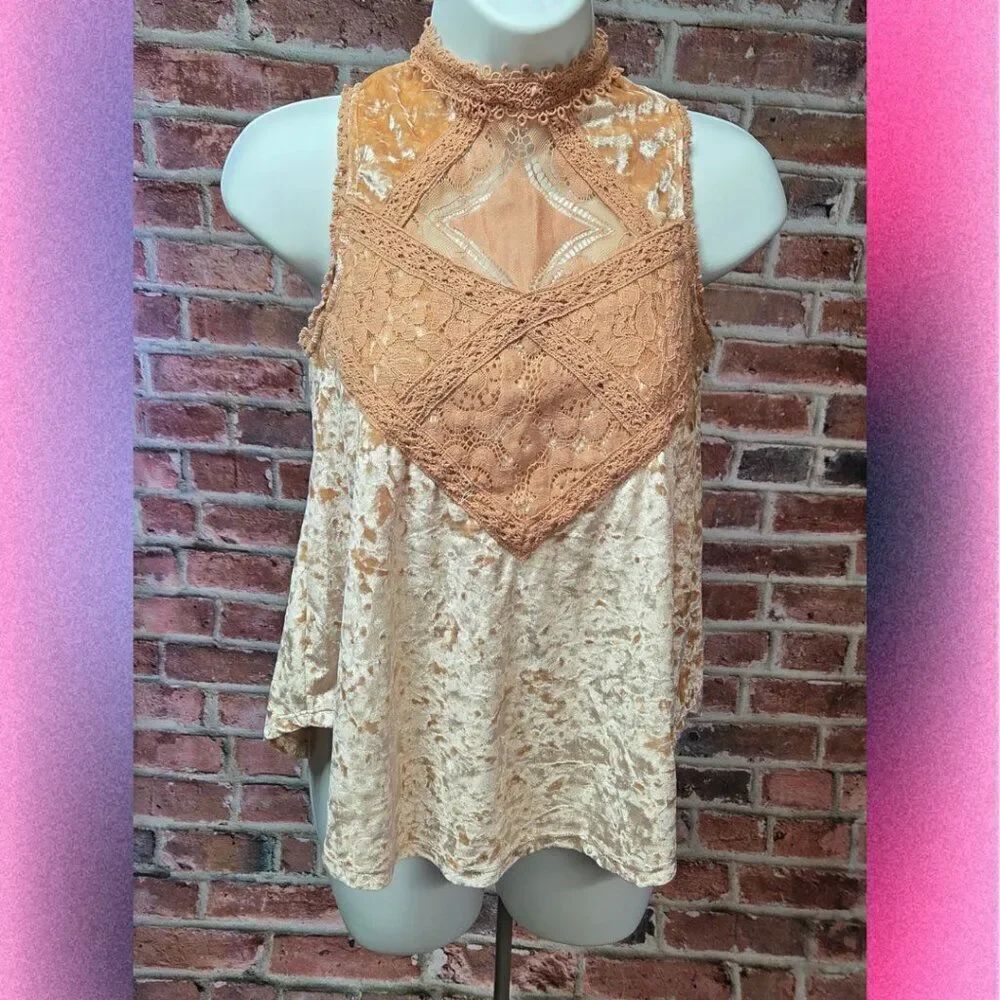 Taylor & Sage Velvet Feel Lace Trim Mock Neck Sleeveless Top –‎ Size XS Brown